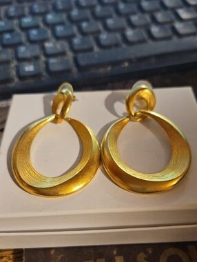 Signed Val Heavy Goldtone Matte Pierced Earrings